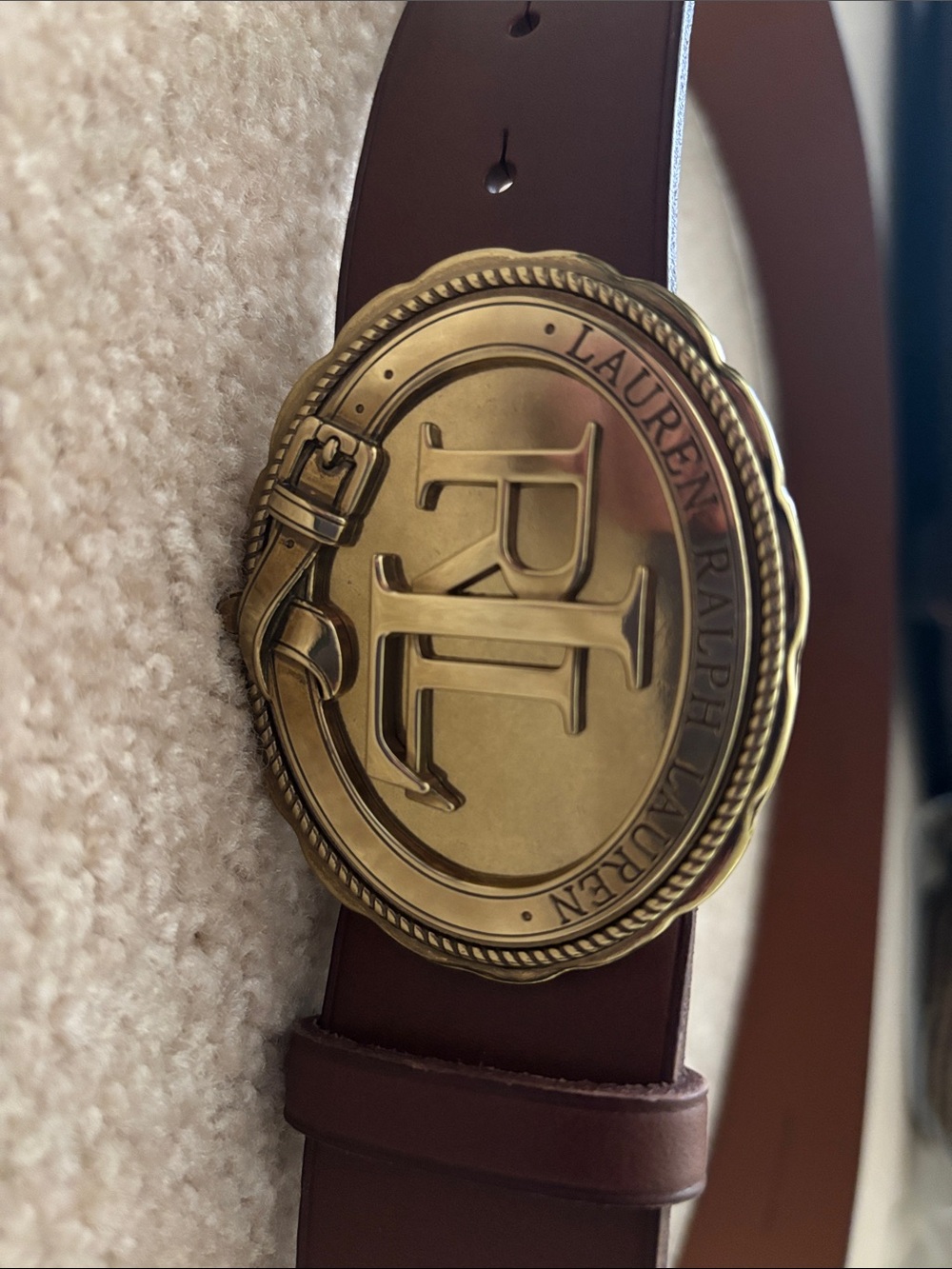 Ralph Lauren Brown Leather Belt with Brass RL Medallion Buckle